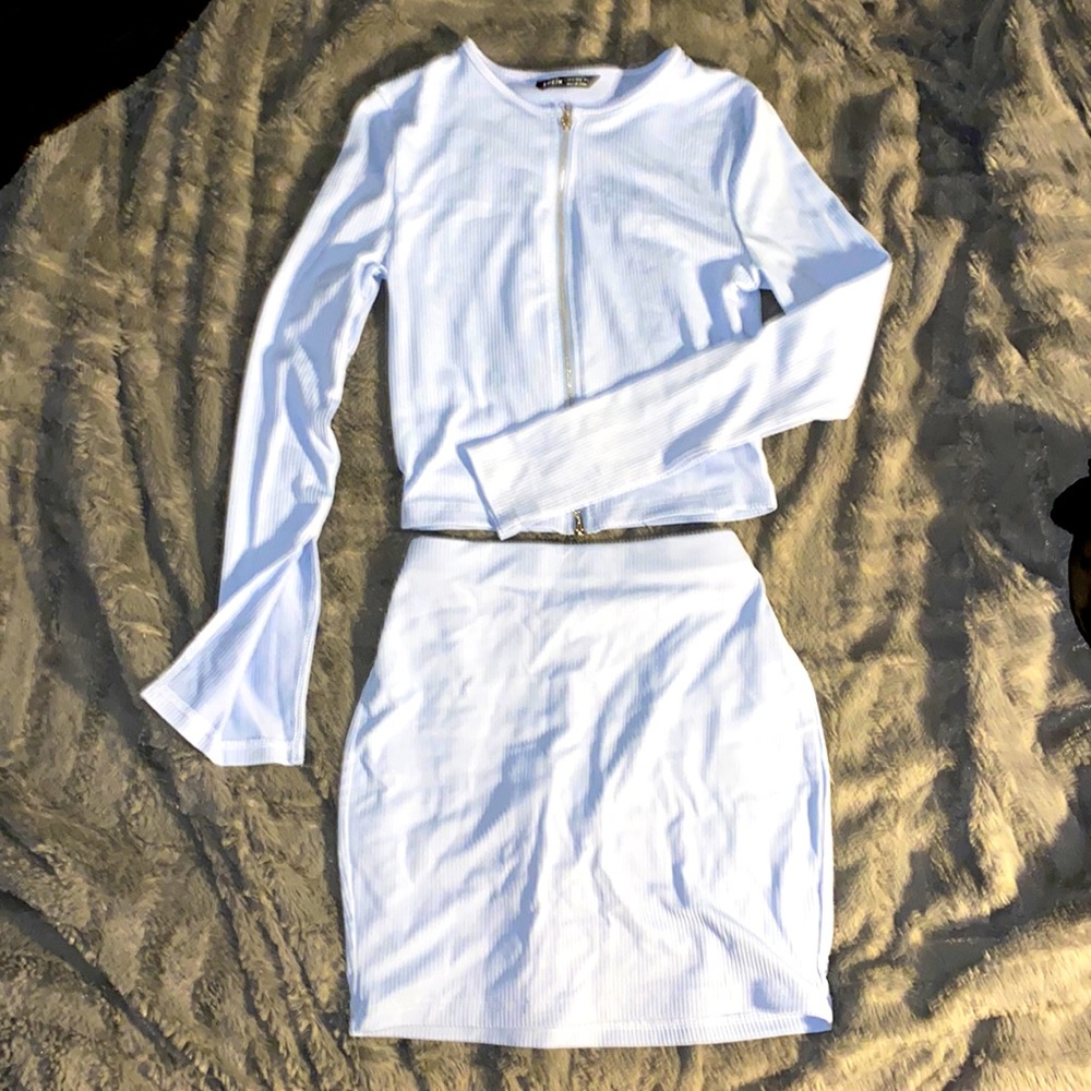 Baby blue zip up and skirt set, size s